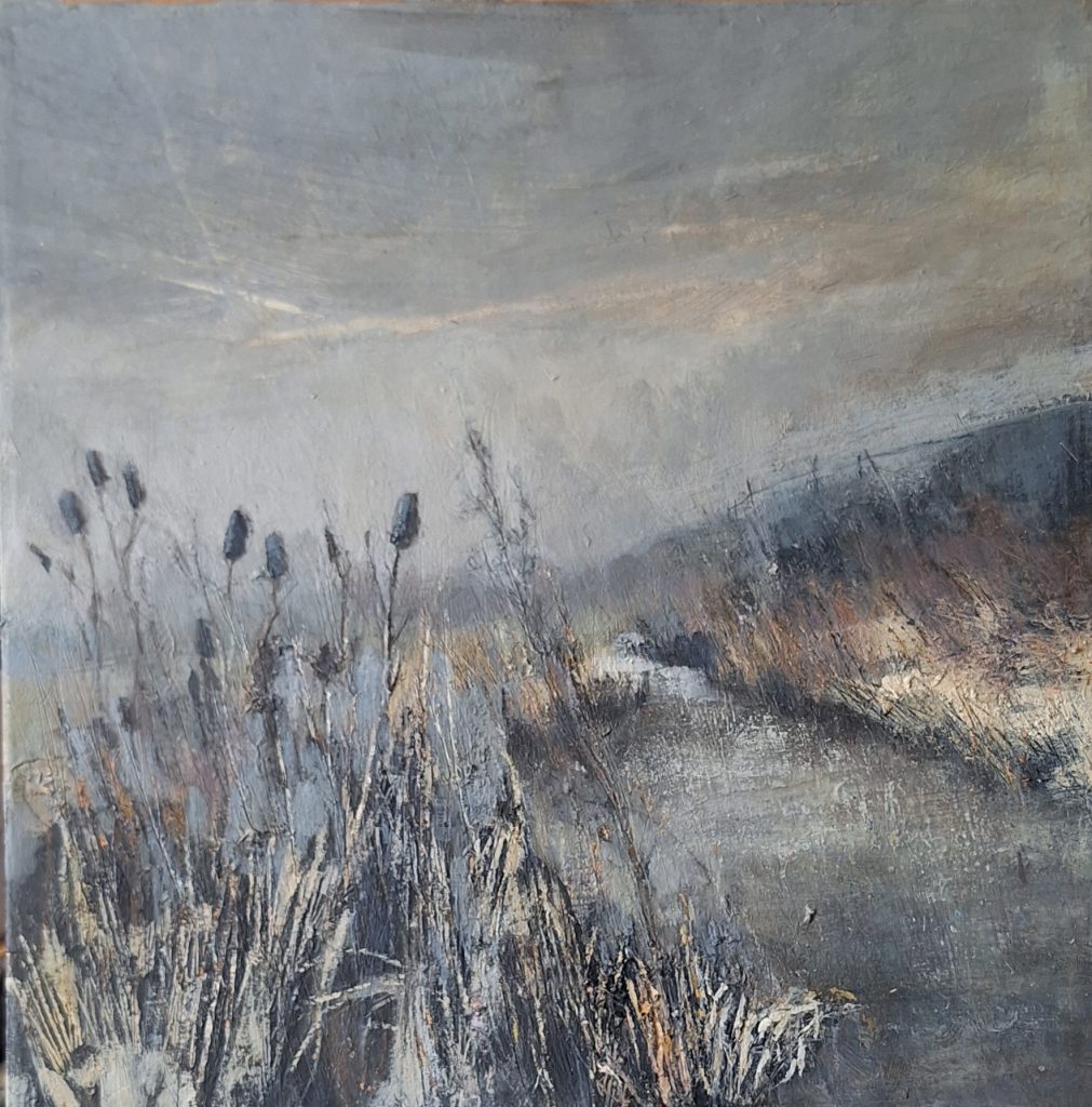 Acrylic painting of mist rising over Llyn y Gadair near Rhyd Ddu in North Wales, with soft mountain light and a quiet atmospheric landscape.
