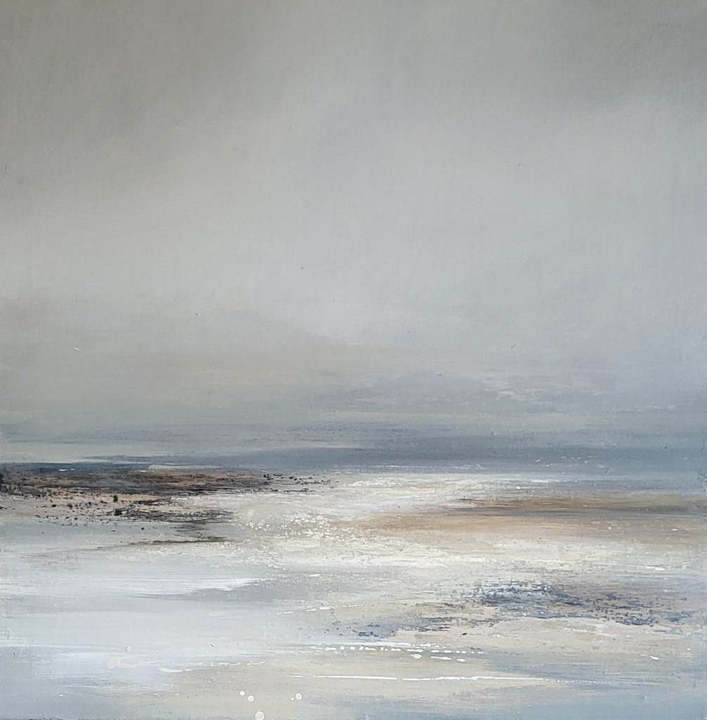 Acrylic painting of quiet light over the Aberdyfi Estuary in North Wales, with soft coastal tones, calm water and a pale misty sky.